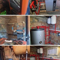 GROMAR-AUTO Mariusz Gromowski - Porównanie 'przed i po' wymiany pieca: stary, pomarańczowy piec na węgiel zastąpiony nowoczesnym, szarym piecem na pellet Defro Evopell, z nową instalacją grzewczą.