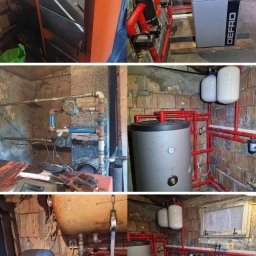 GROMAR-AUTO Mariusz Gromowski - Porównanie stanu kotłowni przed i po modernizacji: stary piec vs. nowy, nowoczesny kocioł Defro z nową instalacją grzewczą z czerwonymi rurami.