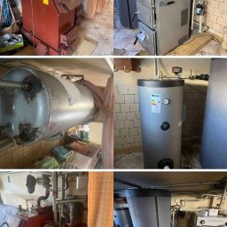 GROMAR-AUTO Mariusz Gromowski - Porównanie stanu kotłowni przed i po modernizacji: stary, czerwony piec vs. nowy, szary model z zbiornikiem. Widoczne zmiany w instalacji i otoczeniu.