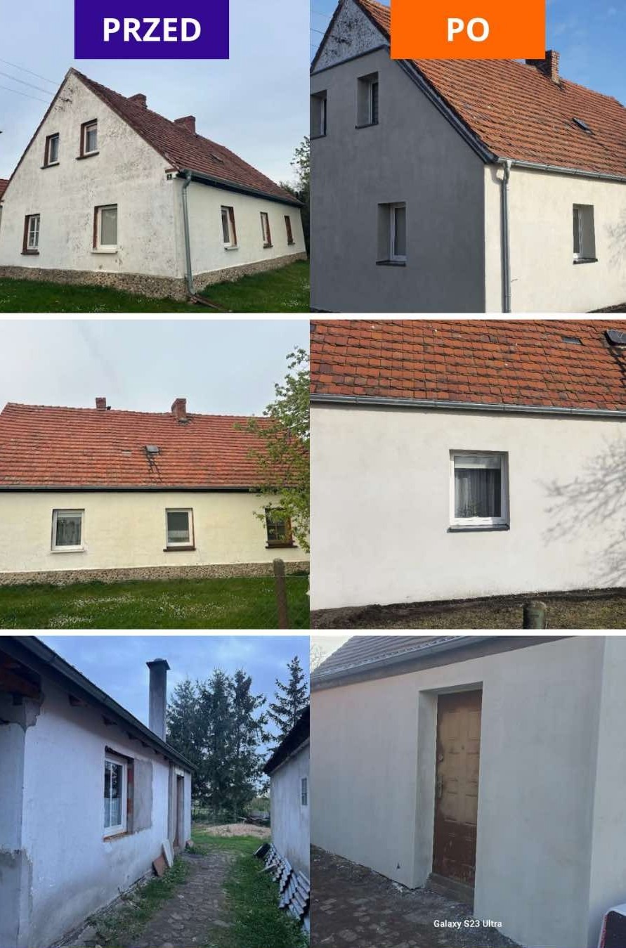 Fotografia 'przed i po' prezentująca odnowioną elewację domu z czerwoną dachówką. Widoczne zmiany w kolorze i strukturze ścian zewnętrznych.