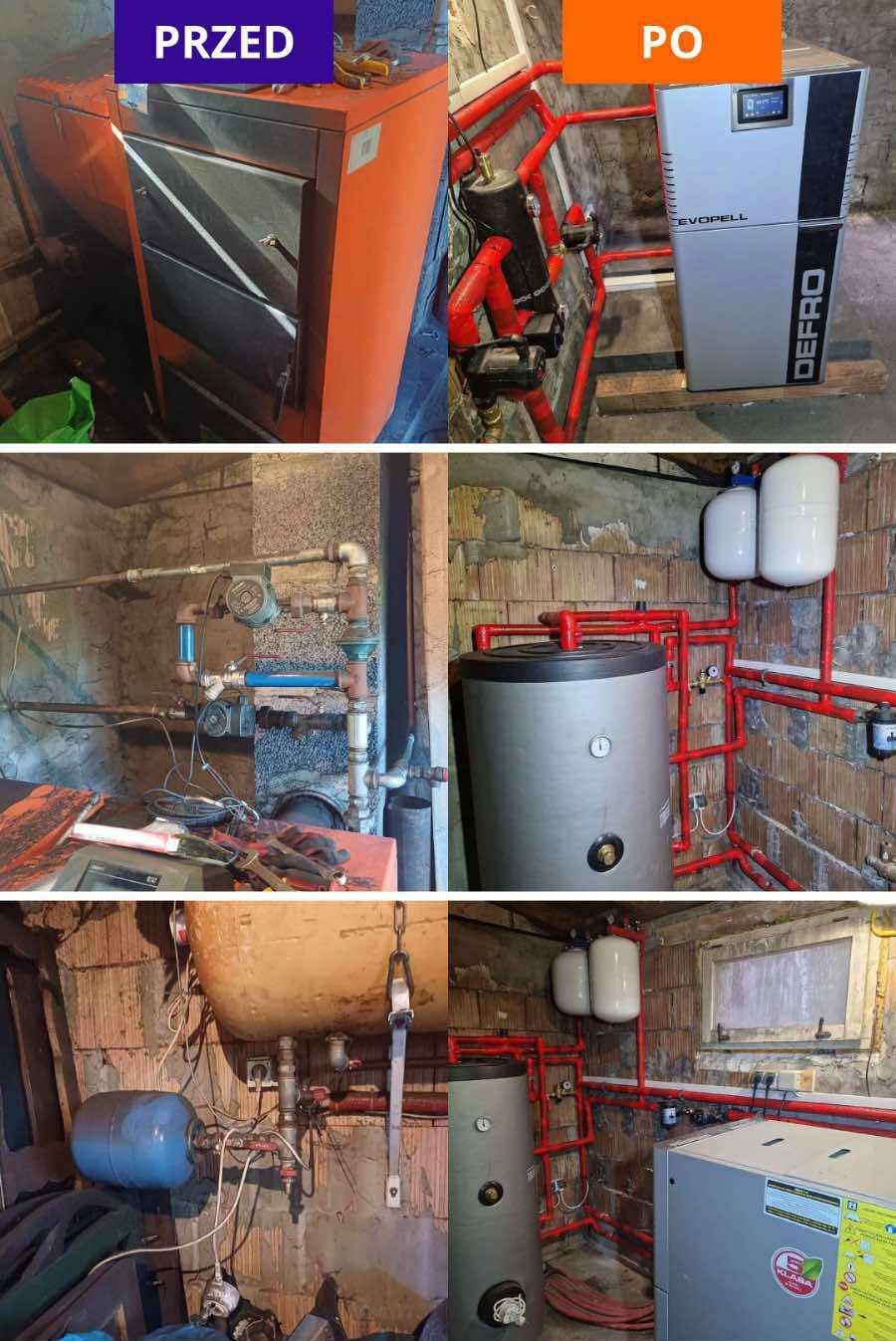 Porównanie 'przed i po' wymiany pieca: stary, pomarańczowy piec na węgiel zastąpiony nowoczesnym, szarym piecem na pellet Defro Evopell, z nową instalacją grzewczą.
