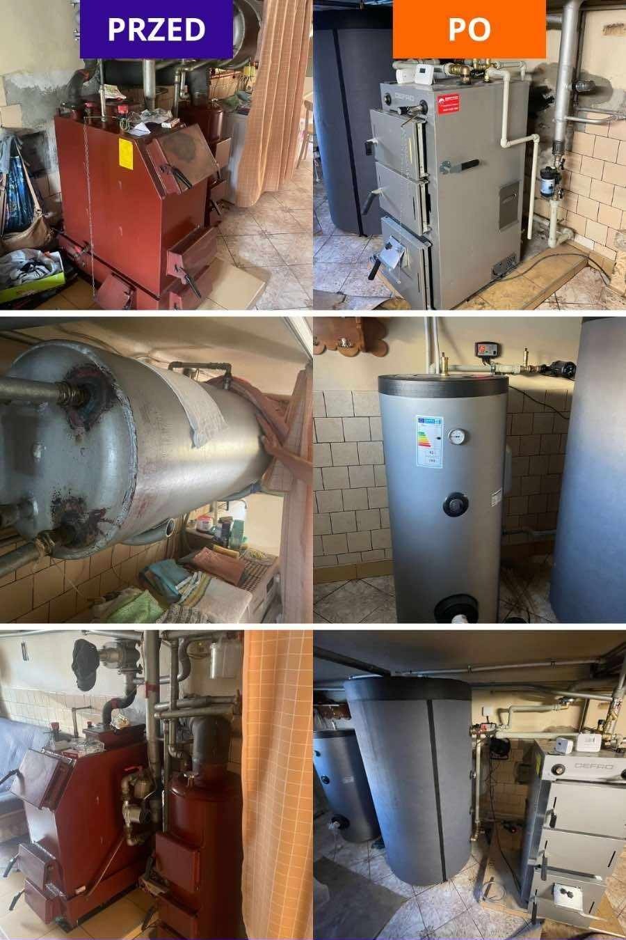 Porównanie stanu kotłowni przed i po modernizacji: stary, czerwony piec vs. nowy, szary model z zbiornikiem. Widoczne zmiany w instalacji i otoczeniu.