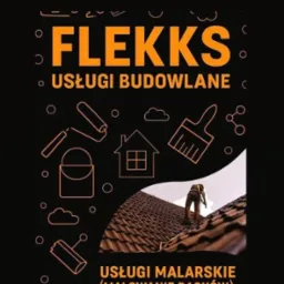 Grafika z logotypem firmy budowlanej i malarskiej, prezentująca malarza na dachu. Stylizowane ikony pędzli i wałków malarskich.
