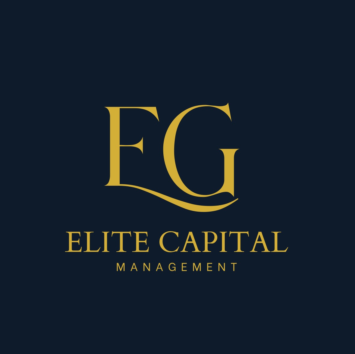 Eleganckie logo 'EG Elite Capital Management' w złotej kolorystyce na granatowym tle. Litery 'EG' połączone ozdobną linią. Minimalistyczny i profesjonalny design.