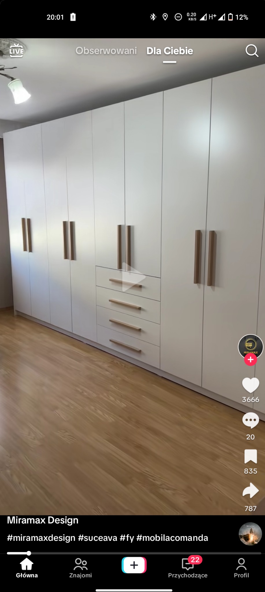 Długa, biała szafa na wymiar z drewnianymi uchwytami i szufladami, wkomponowana w jasne wnętrze z parkietem. Widoczne detale wykończenia i oświetlenie.