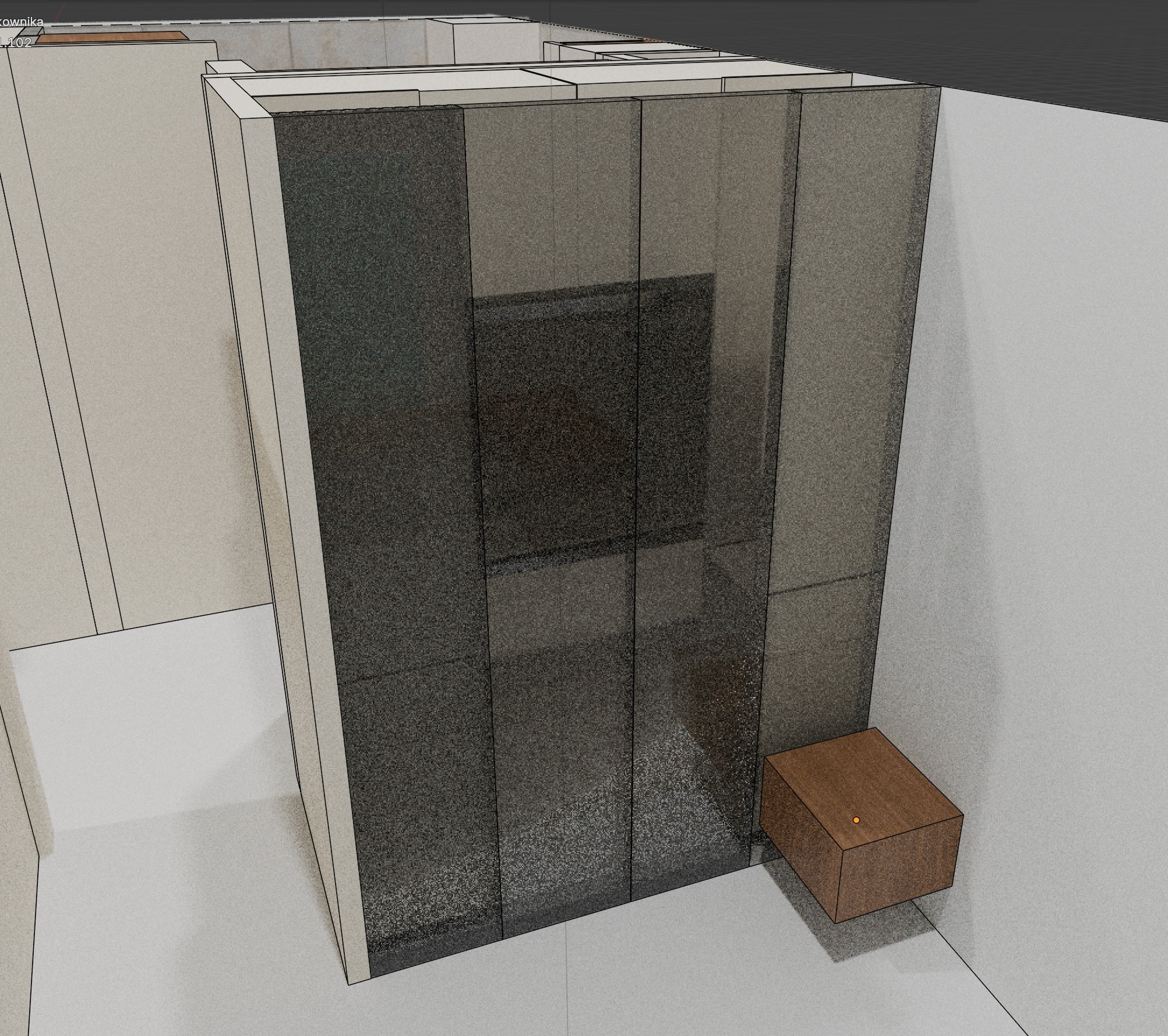 Wizualizacja szafy wnękowej z ciemnymi frontami, zlokalizowanej w jasnym pomieszczeniu. Obok szafy widoczny niewielki, drewniany stolik.