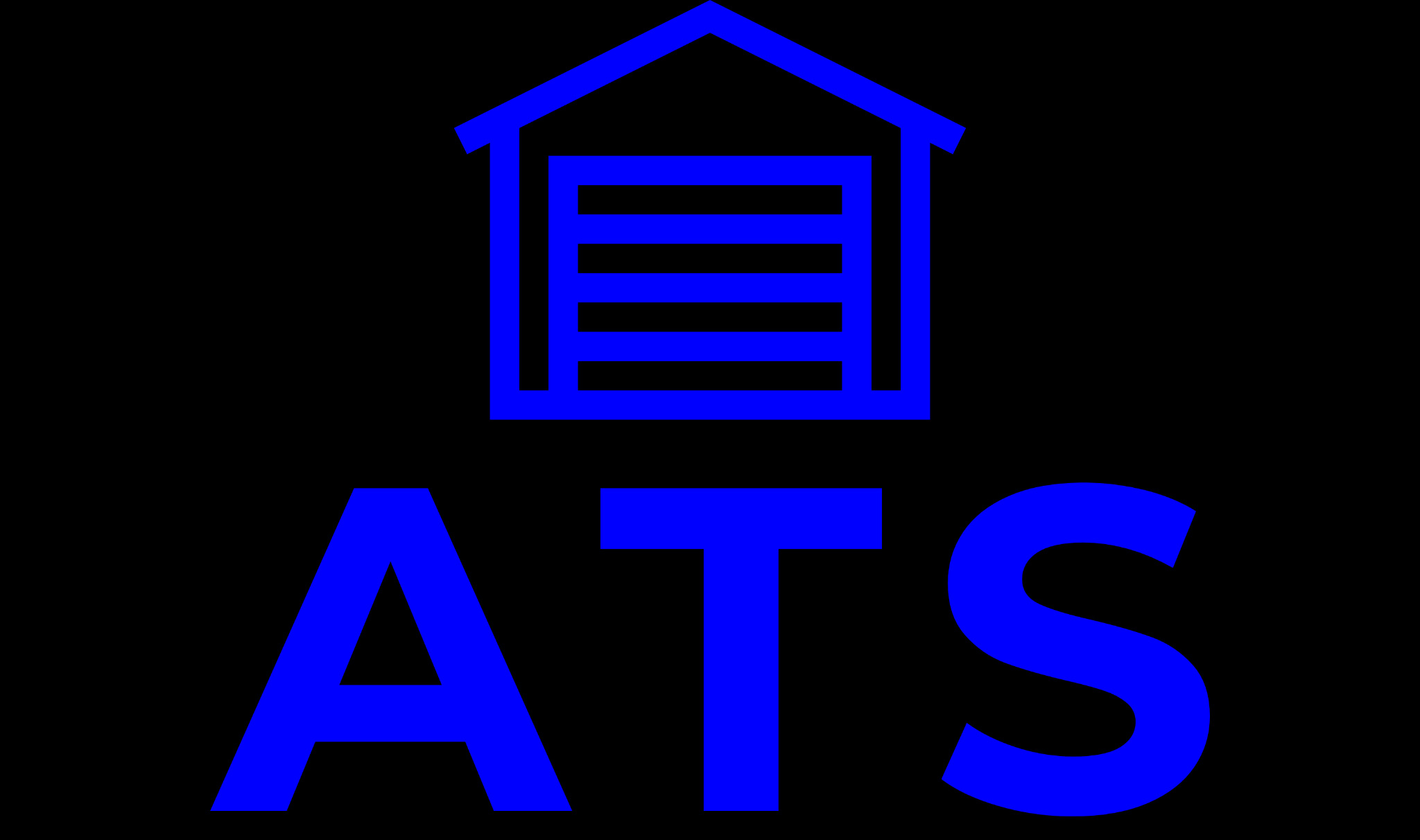 Niebieskie logo firmy ATS z symbolem garażu rolowanego na czarnym tle. Minimalistyczny design.