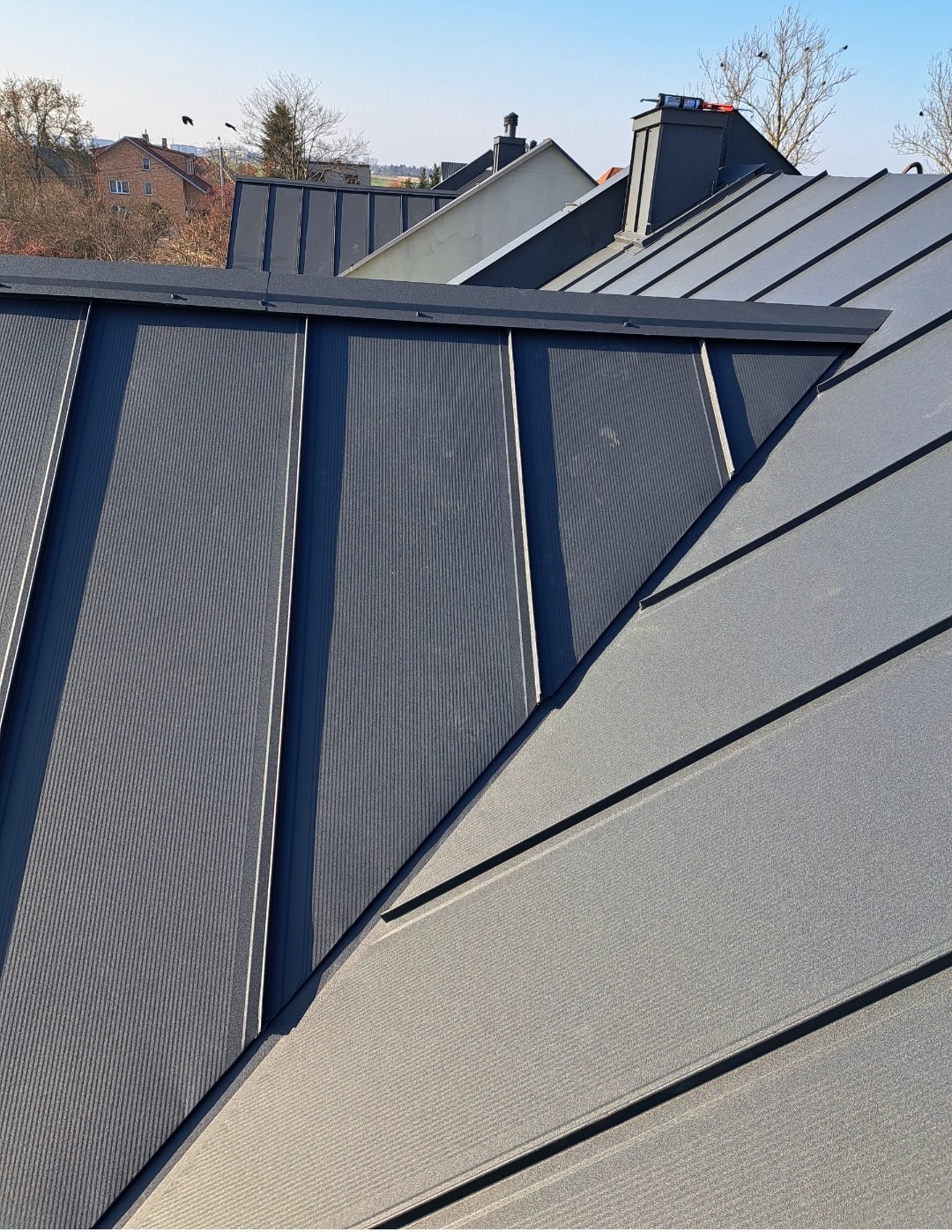 Szczegółowe ujęcie grafitowego dachu z blachy trapezowej na tle błękitnego nieba i zabudowy mieszkalnej. Widoczne łączenia blach i elementy wykończeniowe.