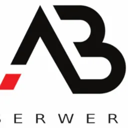 Czarno-czerwone logo 'AB Serwery' na białym tle. Litery A i B połączone w unikalny znak graficzny. Minimalistyczny design.