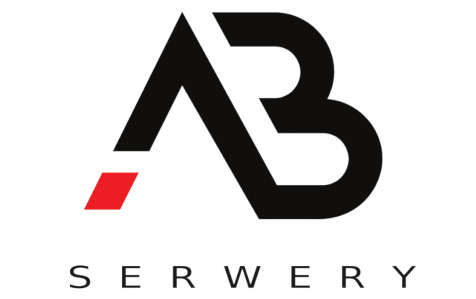 Czarno-czerwone logo 'AB Serwery' na białym tle. Litery A i B połączone w unikalny znak graficzny. Minimalistyczny design.