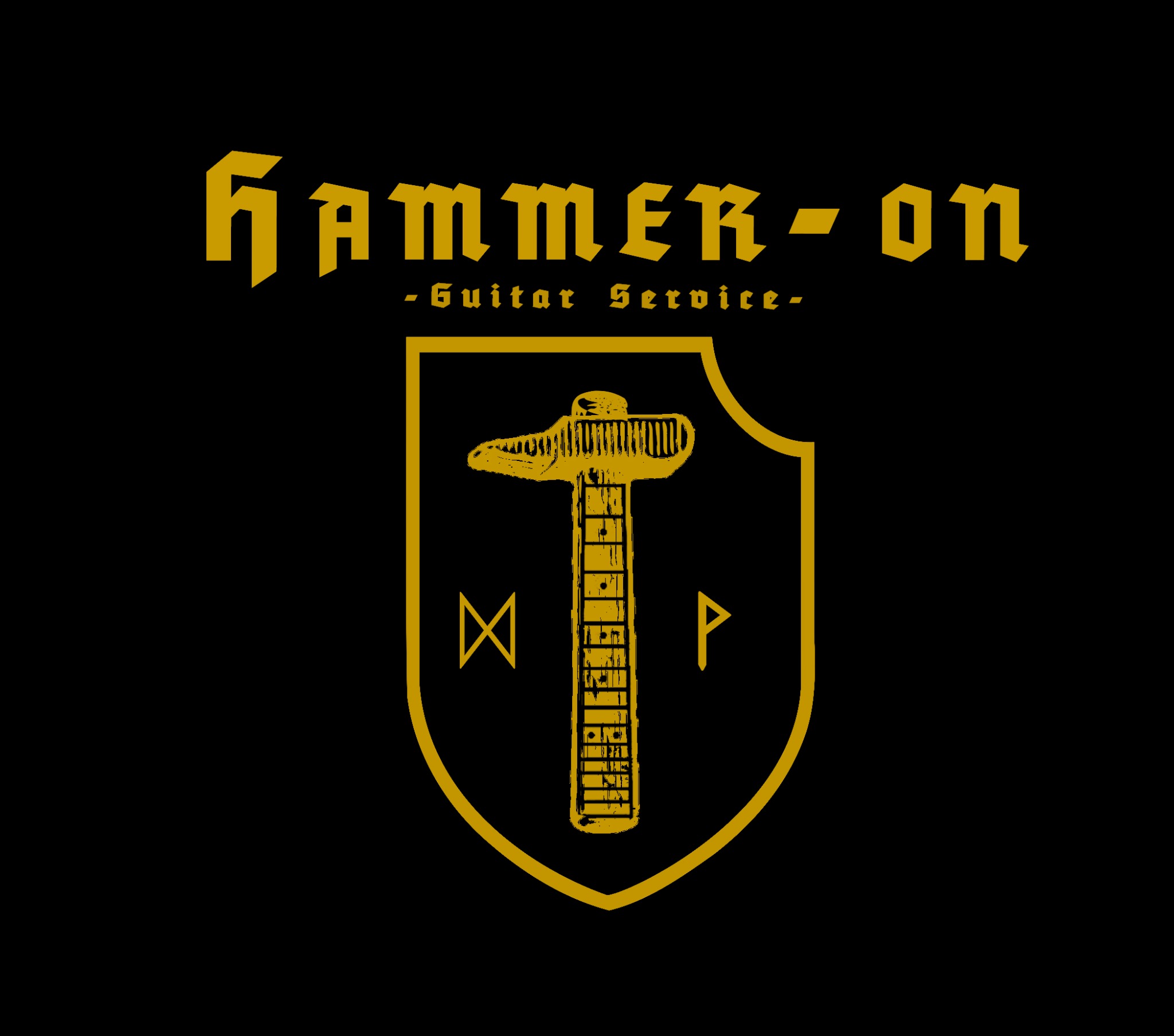 Złoty logotyp 'Hammer-on Guitar Service' na czarnym tle. Stylizowany młotek w herbie, litery nawiązujące do run.