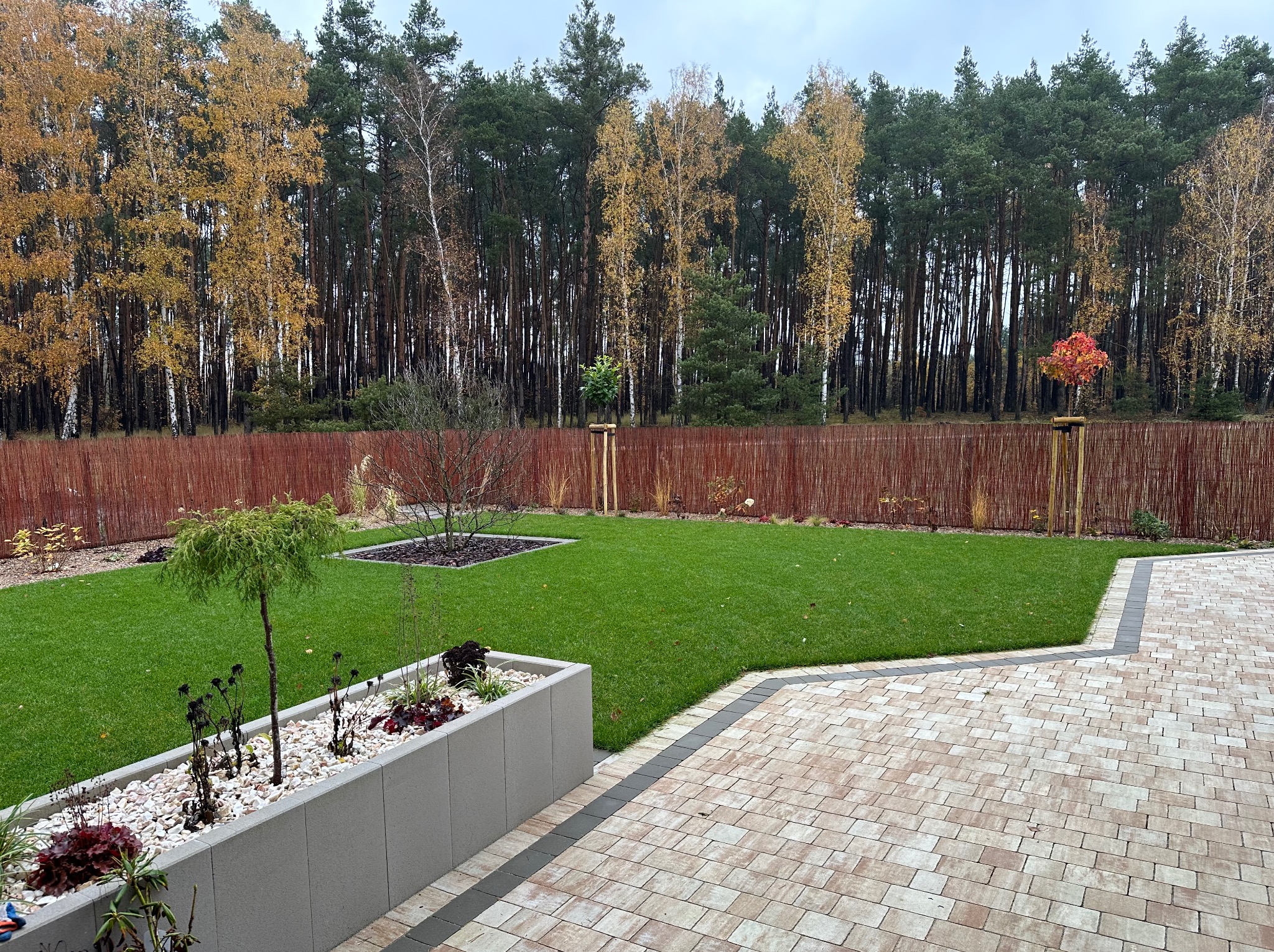 Zadbany ogród z równo przystrzyżonym trawnikiem, rabatami kwiatowymi i wyłożonym kostką brukową tarasem. W tle las i płot z wikliny.