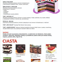 Pan Pierożek Zhanna Wawrzyniak - Menu cukierni z tortami artystycznymi i ciastami: czekoladowe, oreo z malinami, śmietanowe z owocami, raffaello, pistacja-malina, red velvet, kinder bueno, wz, leśny mech.