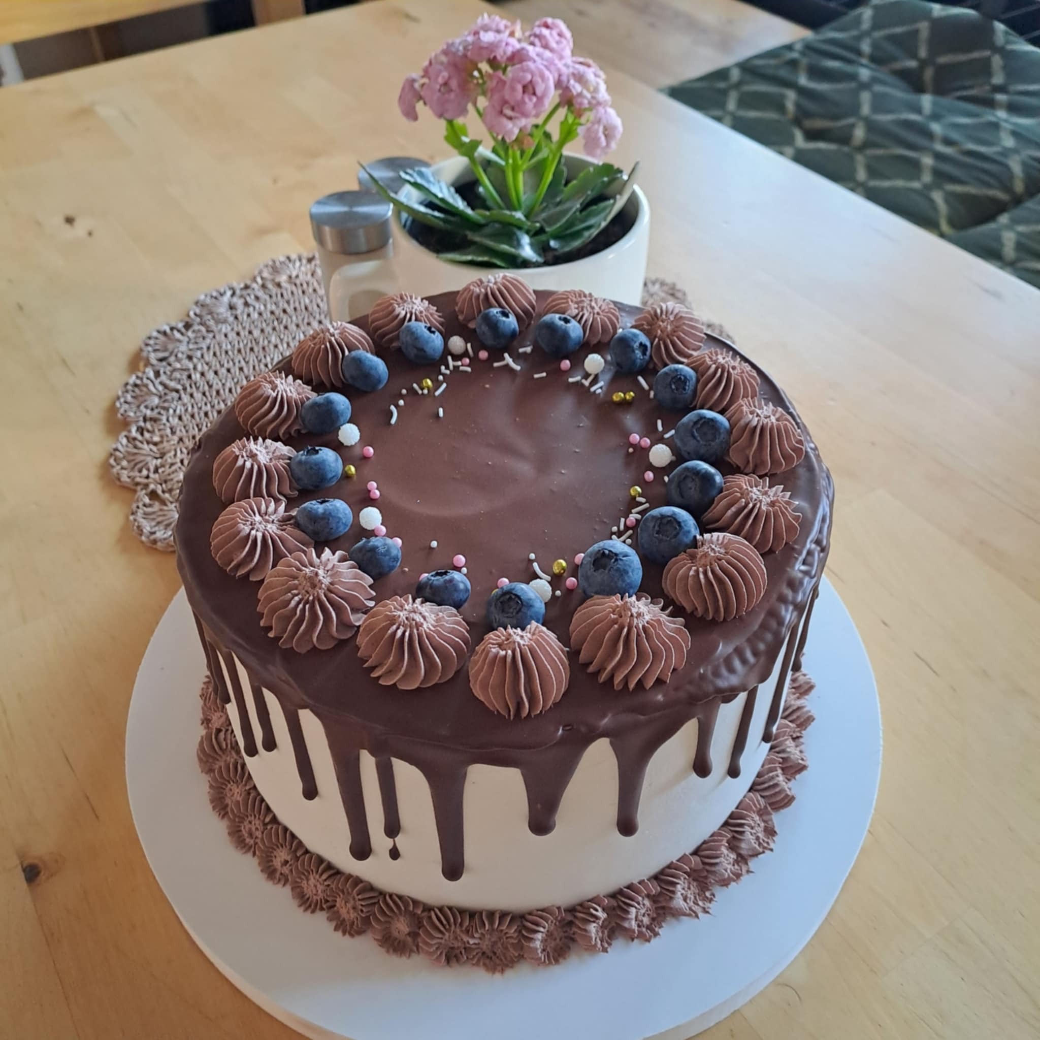 Okrągły tort z czekoladową polewą, borówkami i kremowymi rozetkami na drewnianym stole, obok doniczka z kwiatami i przyprawniki.