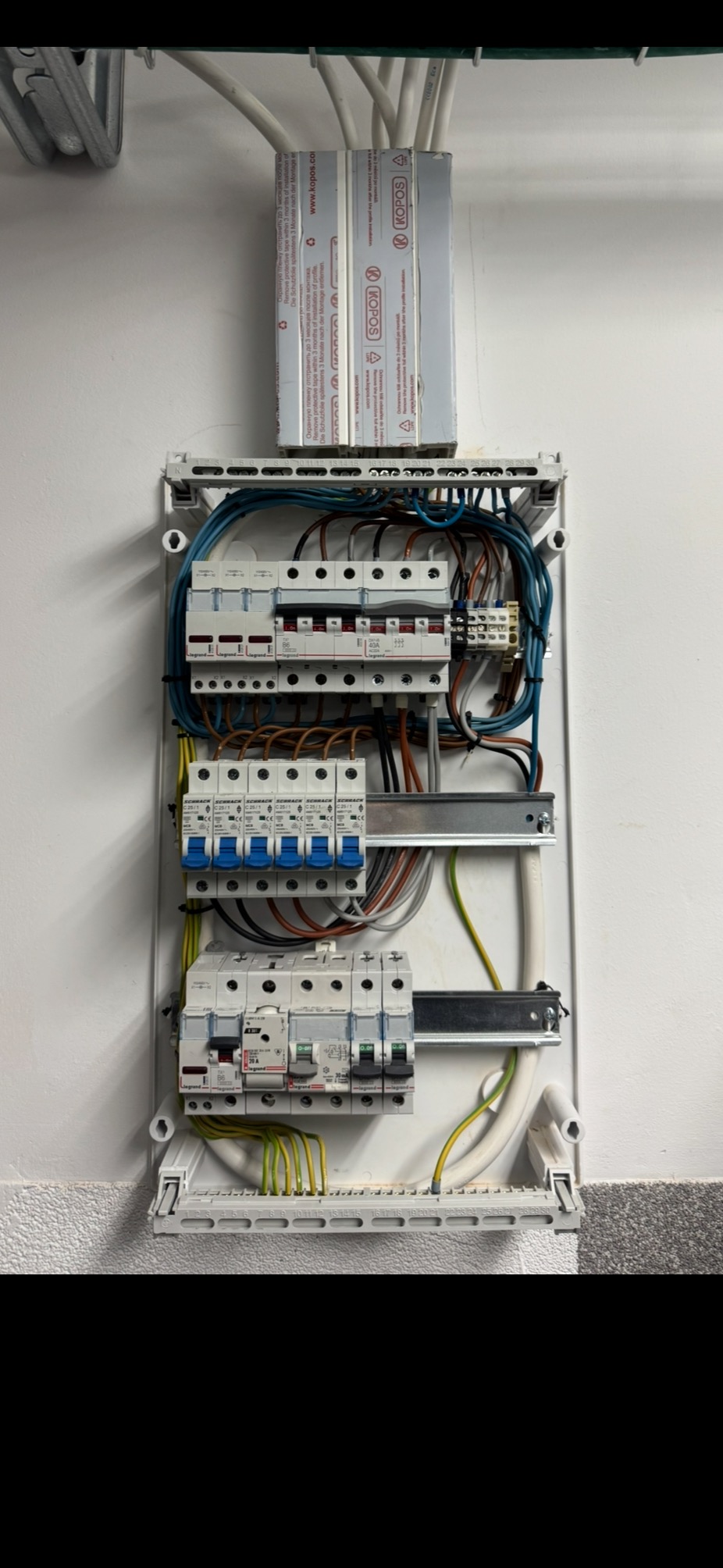 Rozdzielnia elektryczna z zamontowanymi bezpiecznikami i przewodami, widok z przodu. Biała obudowa na jasnej ścianie. Widoczne elementy marki Legrand i Schrack.