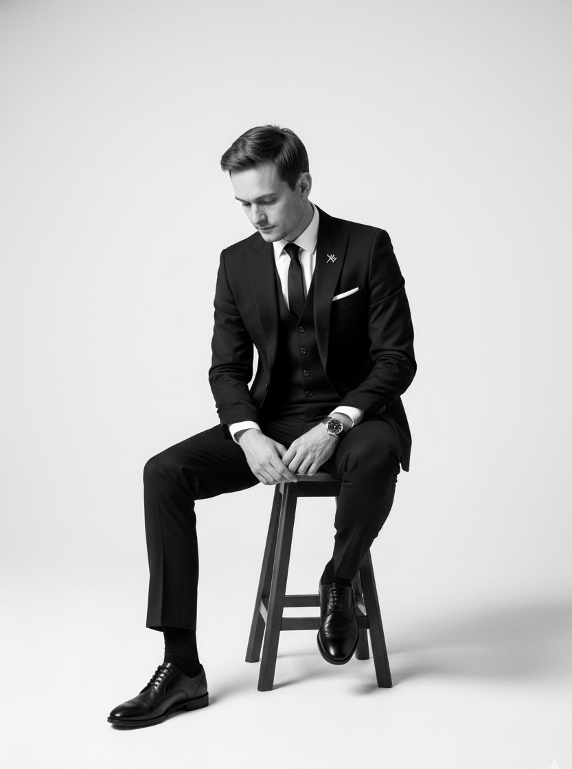Czarno-białe zdjęcie mężczyzny w garniturze siedzącego na stołku, z zegarkiem na ręku i przypinką w klapie, spoglądającego w dół na jasnym tle.