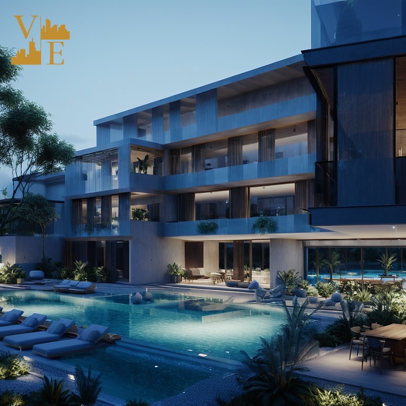 Elegancki, trzypiętrowy budynek z basenem oświetlonym nocą. Widoczne leżaki, roślinność i logo firmy w rogu. Architektura nowoczesna, minimalistyczna, z dużymi przeszkleniami.