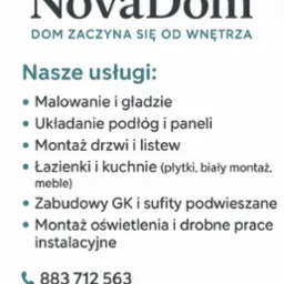 Oferta firmy NovaDom: malowanie, układanie podłóg, montaż drzwi i listew, łazienki i kuchnie, zabudowy GK, montaż oświetlenia. Kontakt: telefon i e-mail.
