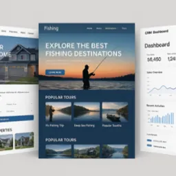 Trzy ekrany urządzeń prezentują różne strony internetowe: nieruchomości, wędkarstwo i panel CRM z wykresami, w minimalistycznym stylu UI.