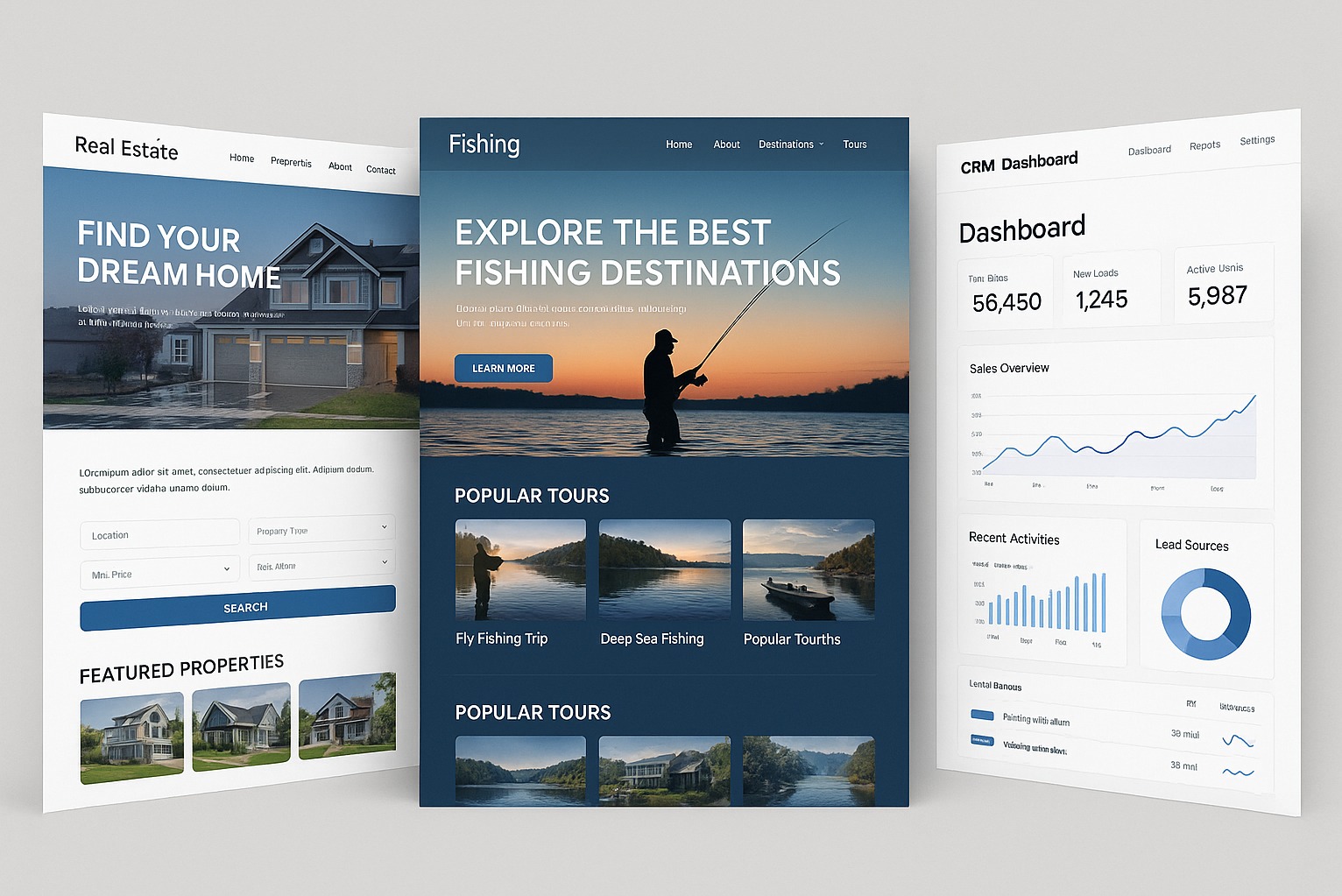 Trzy ekrany urządzeń prezentują różne strony internetowe: nieruchomości, wędkarstwo i panel CRM z wykresami, w minimalistycznym stylu UI.