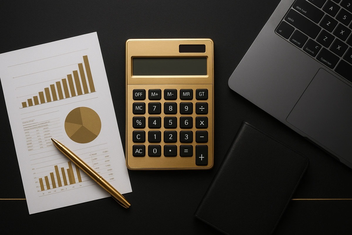 Złoty kalkulator, wykresy, notatnik i laptop na czarnym biurku. Eleganckie narzędzia pracy biurowej w minimalistycznym ujęciu z góry.