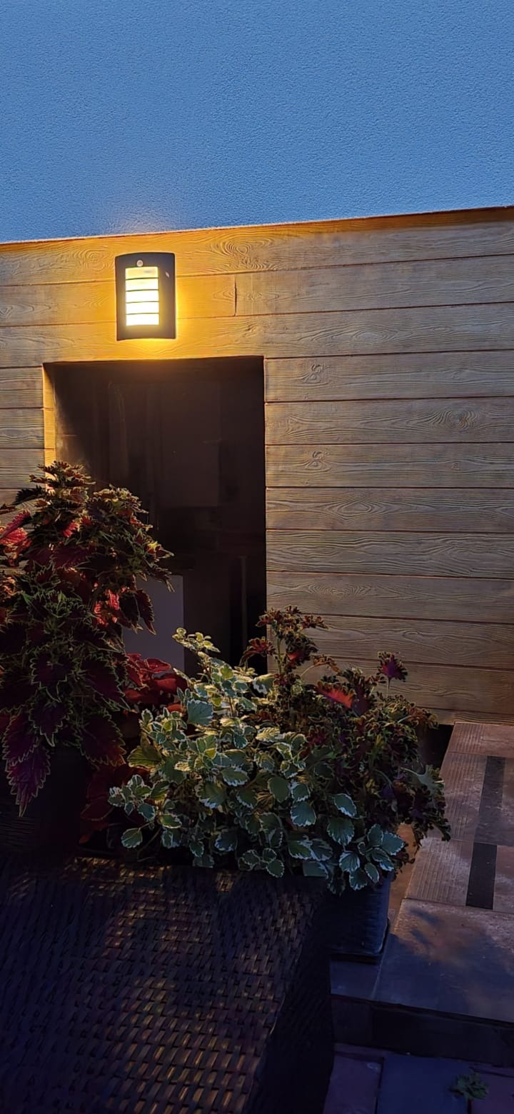 Elewacja budynku wykończona drewnopodobną okładziną, oświetlona lampą zewnętrzną, z roślinami w donicach. Widoczne wejście.