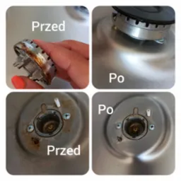 Czyszczenie kuchenki gazowej: zestawienie 'przed' i 'po', ukazujące usunięcie zabrudzeń z palnika i płyty, prezentując efekt odświeżonego sprzętu.