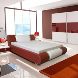 Nowoczesna sypialnia z łóżkiem w odcieniach czerwieni i bieli, z dużą szafą przesuwną i widokiem na morze za oknem.
