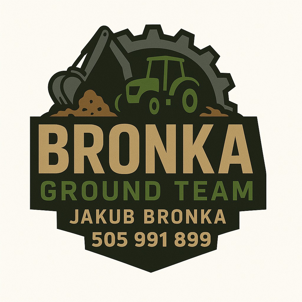 Logo firmy BRONKA GROUND TEAM z traktorem i koparką na tle zębatki. Nazwa, dopisek 'GROUND TEAM', imię i nazwisko oraz numer telefonu w kolorach ziemi.