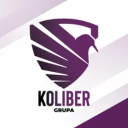 Logo firmy Koliber Grupa: fioletowy koliber w tarczy na białym tle z fioletowymi akcentami. Nazwa firmy poniżej w czerni.
