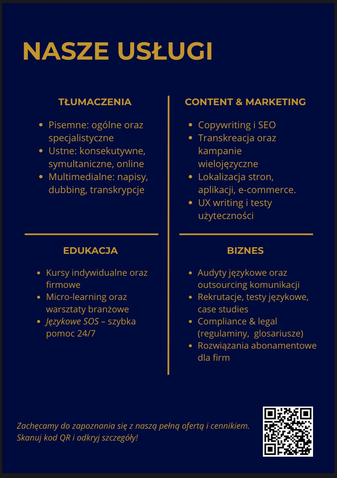 Grafika prezentująca ofertę usług: tłumaczenia, content & marketing (copywriting, SEO), edukacja językowa, audyty językowe i rozwiązania abonamentowe dla firm. Kod QR.