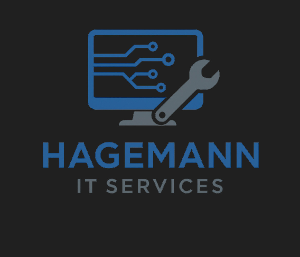 Logo Hagemann IT Services: niebieski monitor z obwodami i kluczem francuskim na ciemnym tle. Nazwa firmy i rodzaj usług w kolorach niebieskim i szarym.