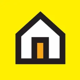 Minimalistyczny ikona domu z czarnym obrysem, białą przestrzenią i pomarańczowymi drzwiami na jaskrawożółtym tle.