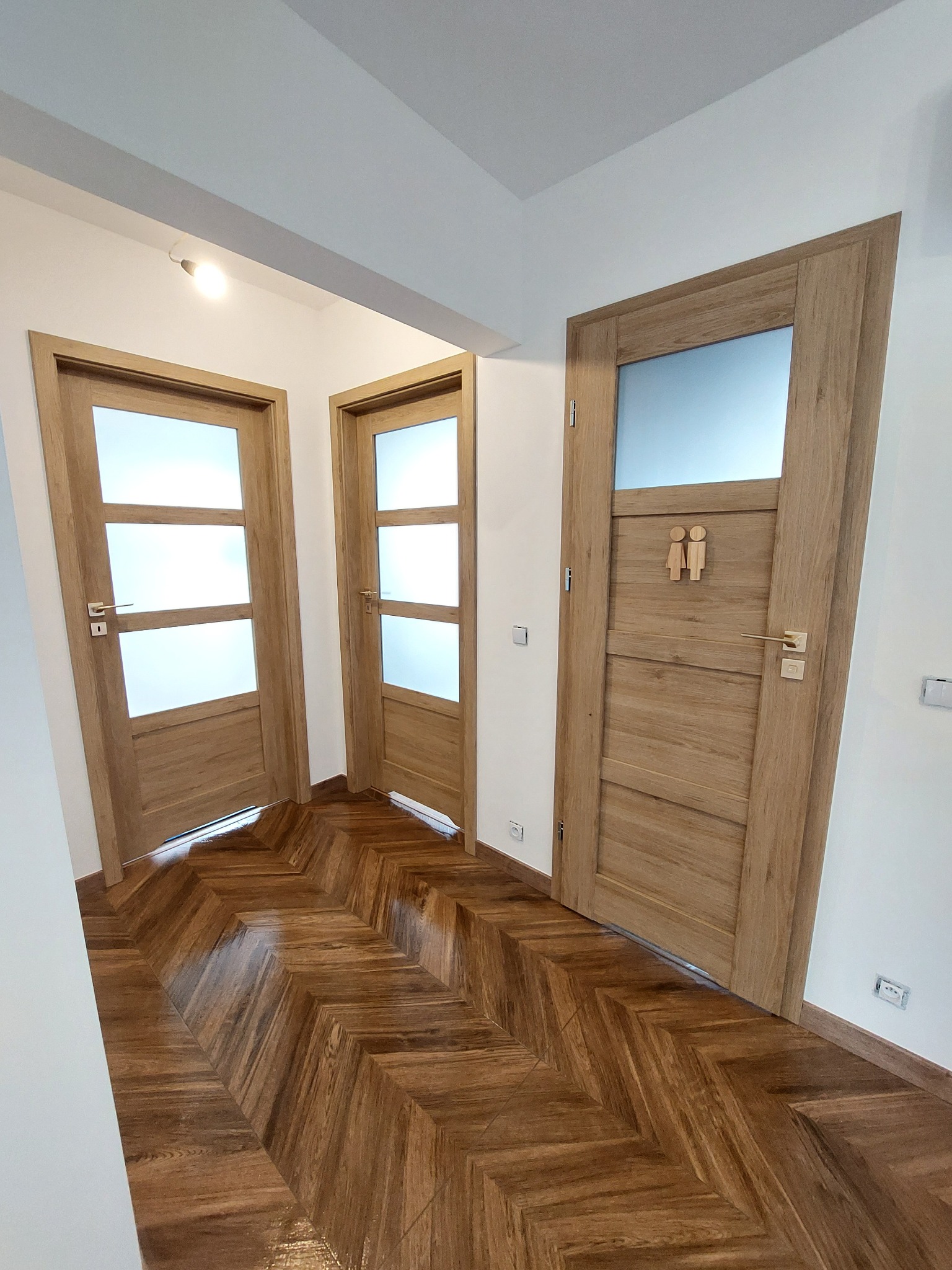 Korytarz z trzema drewnianymi drzwiami z przeszkleniami, parkiet ułożony w jodełkę. Jedne drzwi oznaczone symbolem toalety damsko-męskiej. Nowoczesny design.