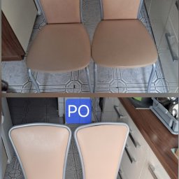 Ogarnij To - Dwa krzesła kuchenne z tapicerką: górne, zabrudzone 'PRZED' czyszczeniem, dolne, czyste 'PO' czyszczeniu, na tle płytek i mebli kuchennych.