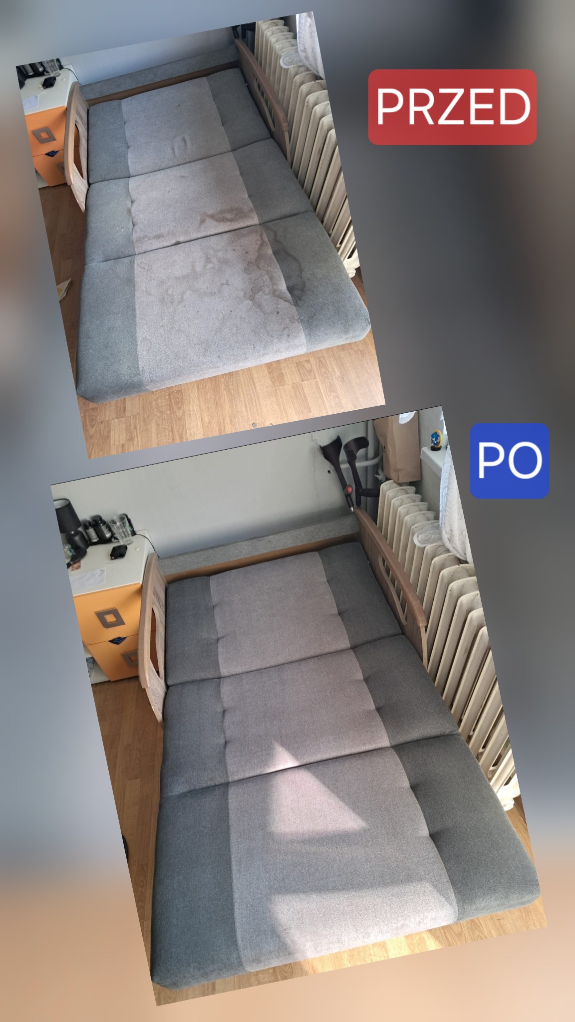 Dwa ujęcia tapczanu: górne z plamami, dolne po czyszczeniu, ukazujące odświeżoną szarą tapicerkę. Widoczne elementy otoczenia: grzejnik, szafka nocna.