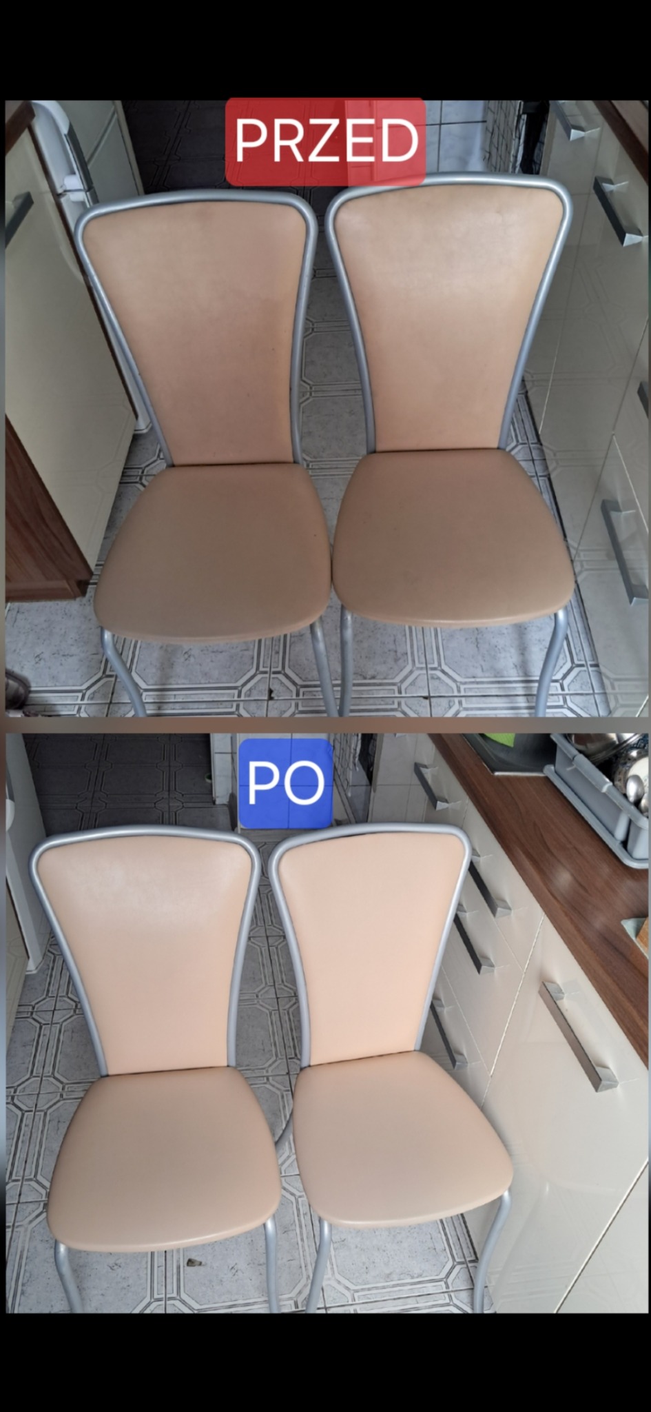 Dwa krzesła kuchenne z tapicerką: górne, zabrudzone 'PRZED' czyszczeniem, dolne, czyste 'PO' czyszczeniu, na tle płytek i mebli kuchennych.