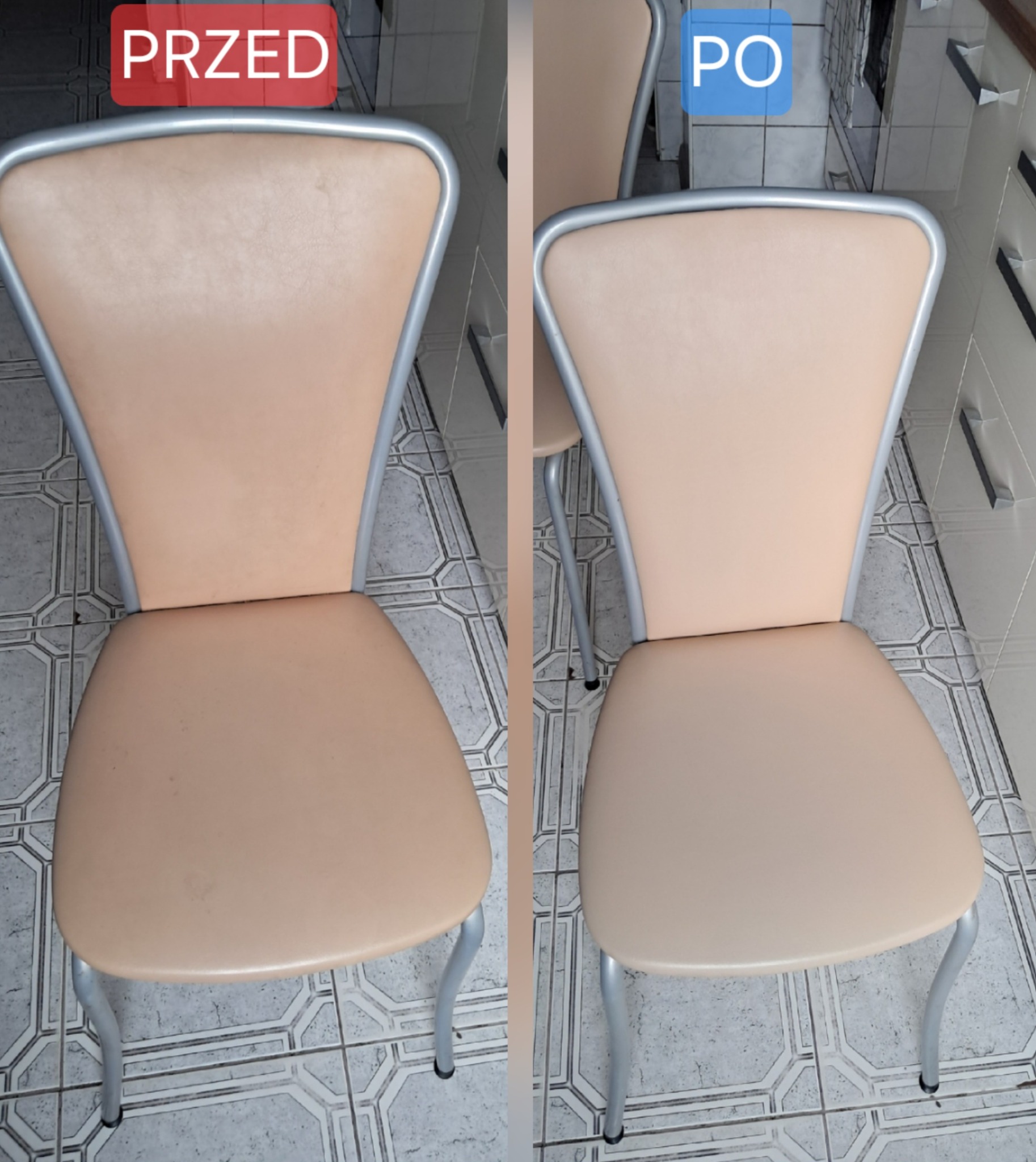 Krzesło tapicerowane w odcieniach beżu, ujęcie 'przed' z widocznymi plamami i 'po' czyszczeniu, prezentujące efekt usługi prania tapicerki meblowej.