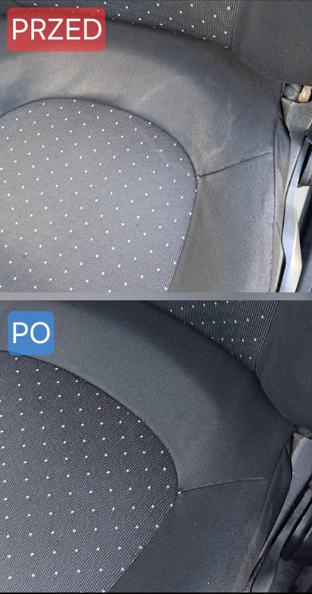 Tapicerka samochodowa przed i po czyszczeniu w Gliwicach. Widoczne wyraźne różnice w czystości materiału. Efekt prania tapicerki.