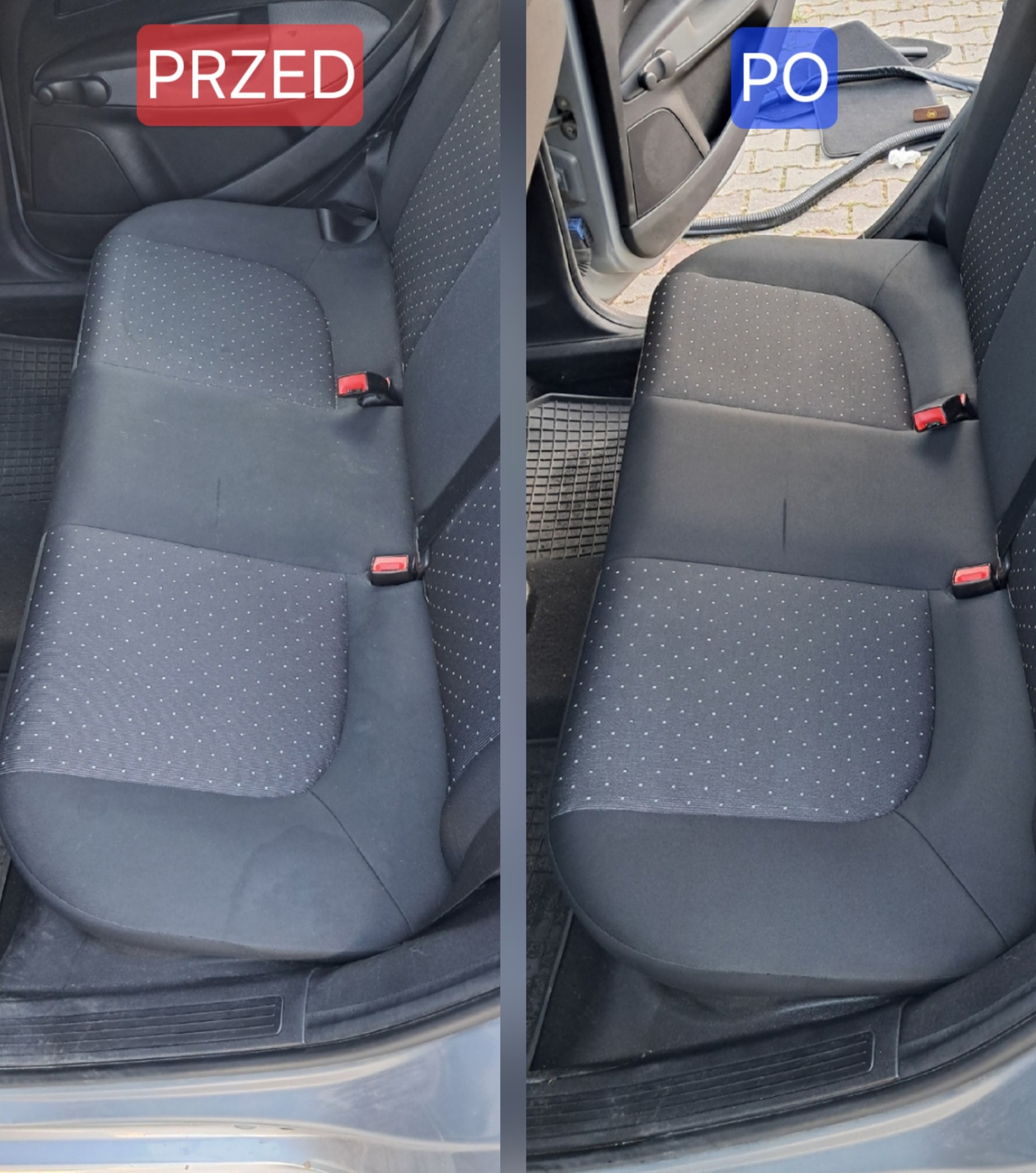 Tapicerka samochodowa tylnej kanapy: porównanie stanu przed i po czyszczeniu, widoczne różnice w odświeżonym materiale, minimalne ślady użytkowania.