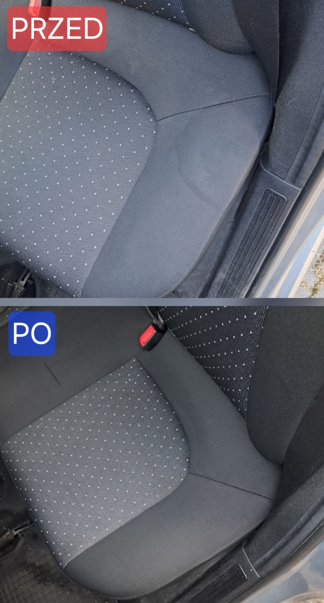 Tapicerka samochodowa przed i po czyszczeniu. Widoczne różnice w odcieniu i czystości materiału. Górna część zdjęcia pokazuje zabrudzenia, dolna - efekt po praniu.