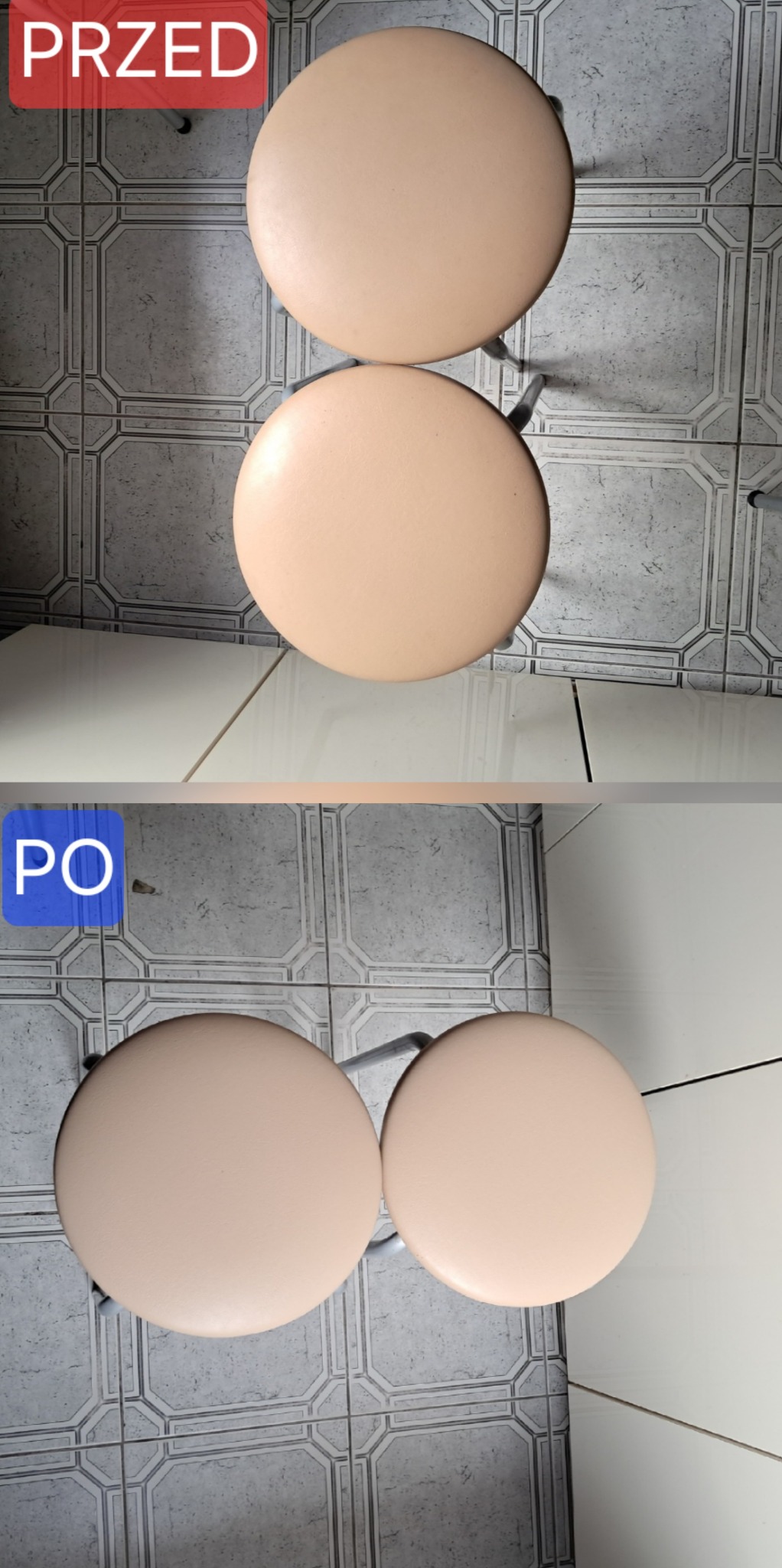 Dwa ujęcia krzeseł barowych na tle płytek: górne - 'PRZED', z widocznymi zabrudzeniami, dolne - 'PO', prezentujące czyste siedziska. Układ 'przed i po'.