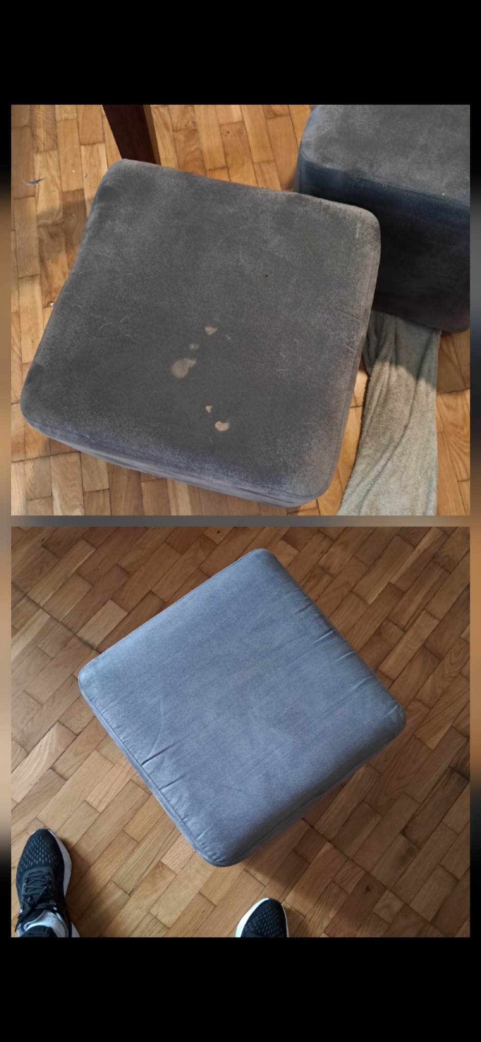 Tapicerowany puf przed i po czyszczeniu. Na górnym ujęciu widoczne plamy, na dolnym puf czysty, na drewnianej podłodze. Kontrastowe ujęcie efektu prania.