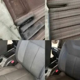 Tapicerka samochodowa przed i po czyszczeniu, widoczne wyraźne różnice w kolorze i czystości materiału. Fotel samochodowy z widocznymi zabrudzeniami i odświeżony po zabiegu.