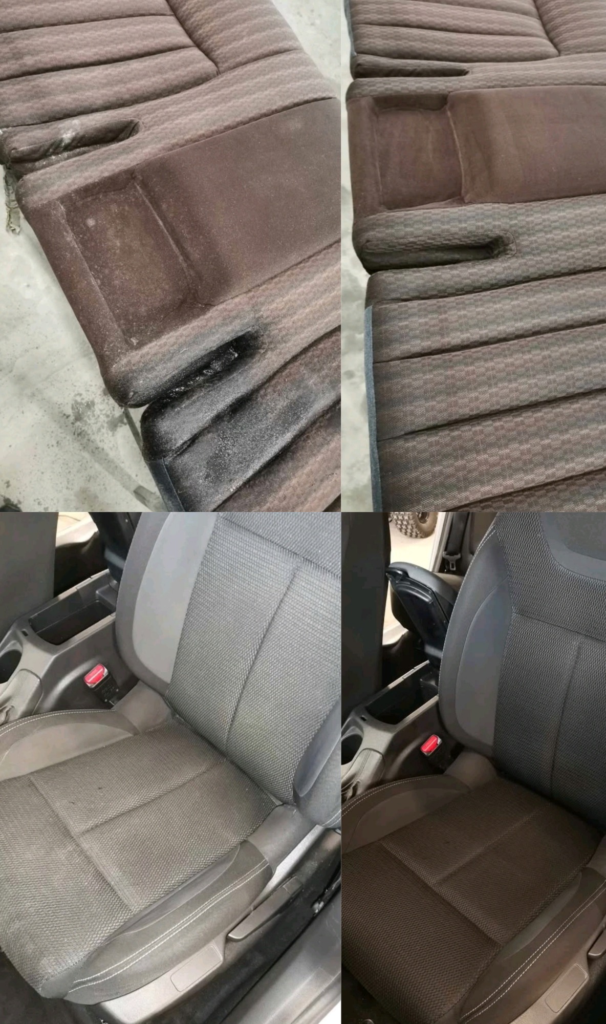 Tapicerka samochodowa przed i po czyszczeniu, widoczne wyraźne różnice w kolorze i czystości materiału. Fotel samochodowy z widocznymi zabrudzeniami i odświeżony po zabiegu.