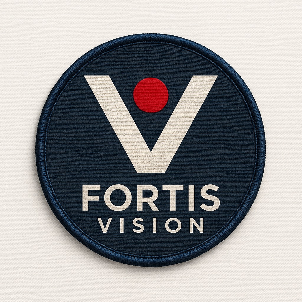Niebieska naszywka z białym symbolem litery V, czerwoną kropką i napisem 'FORTIS VISION', otoczona ciemnoniebieskim obszyciem na kremowym tle.