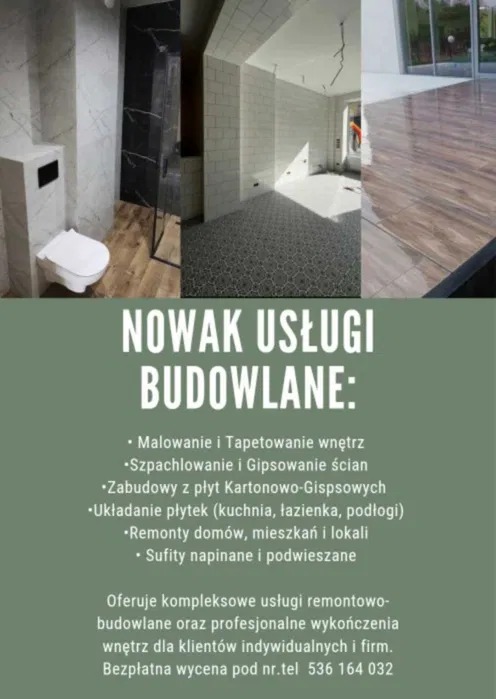 Kolaż z trzech różnych pomieszczeń po remoncie: łazienka z toaletą, pokój z płytkami na podłodze i salon z drewnianą podłogą. Reklama usług budowlanych.