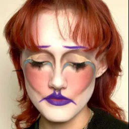 Artystyczny makijaż z purpurowymi ustami i sercami na policzkach, uzupełniony o niebieskie akcenty i mocno podkreślone rzęsy na tle jasnej karnacji i rudych włosów.