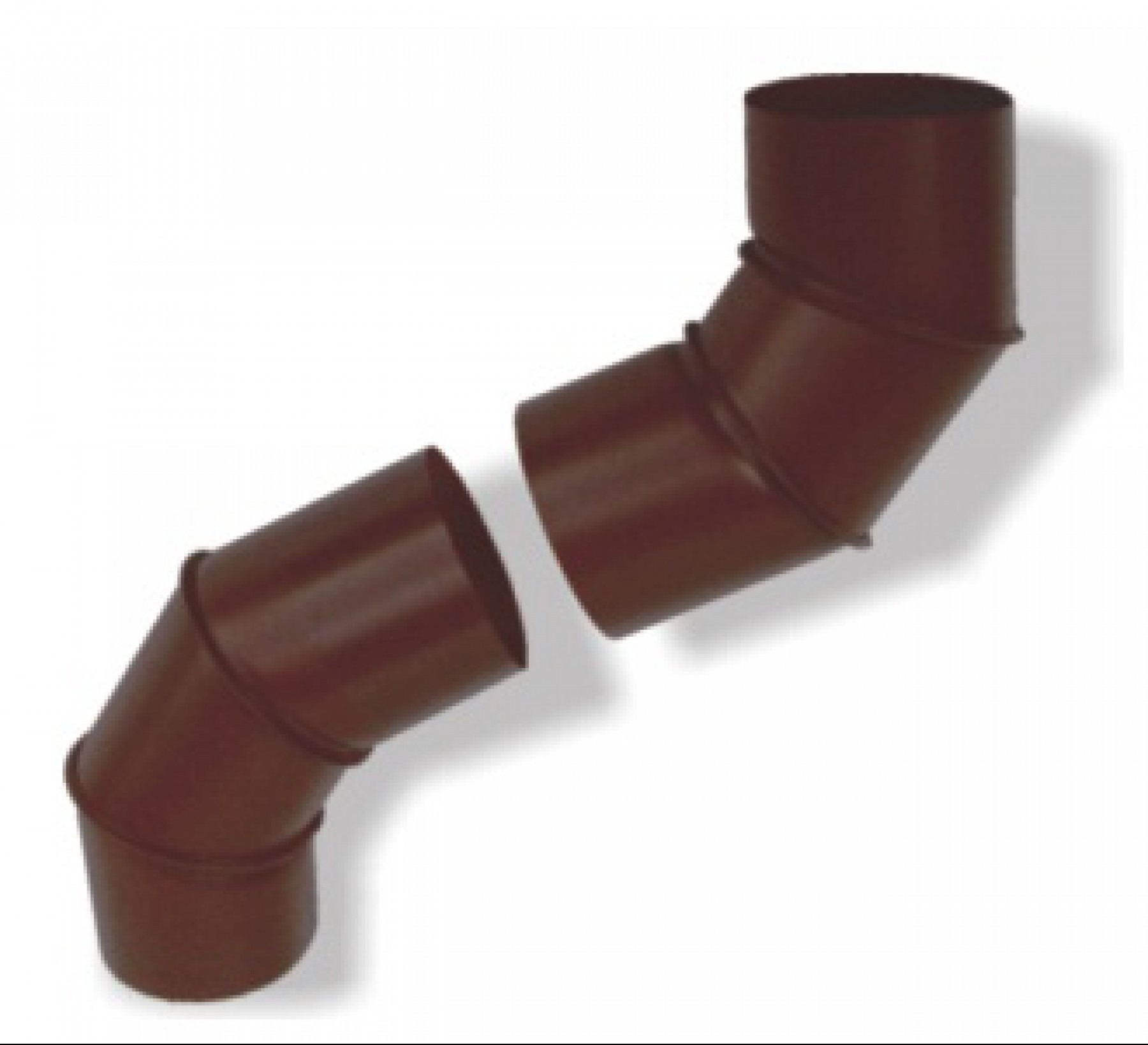 Brązowe, rozłączone kolanka rynnowe z widocznymi żłobieniami na białym tle, ustawione pod kątem, z efektem cienia, sugerującym trójwymiarowość.