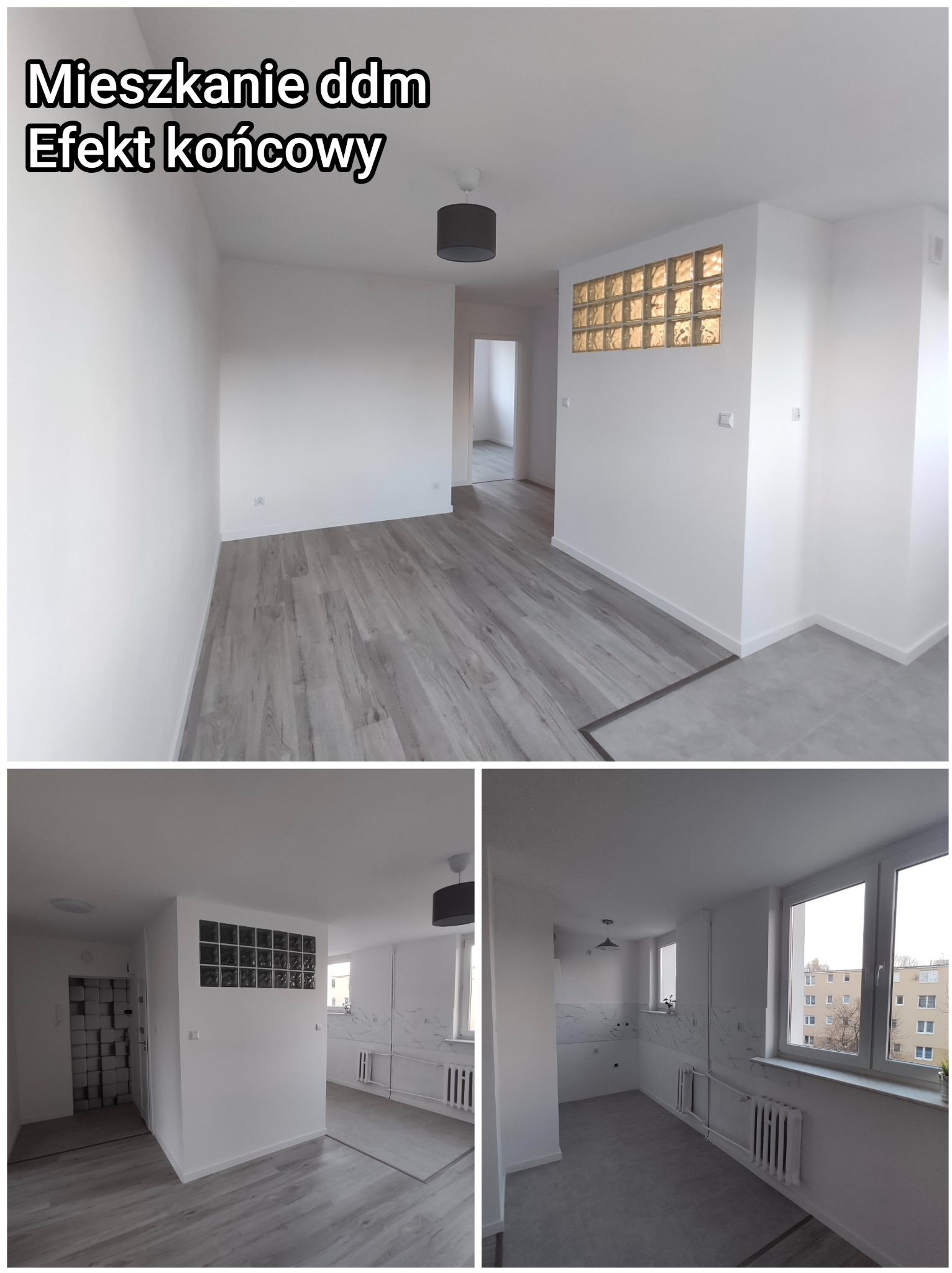 Jasne, odnowione wnętrze mieszkania z panelami podłogowymi w odcieniach szarości i ścianami pomalowanymi na biało. Widoczna ściana z luksferami.